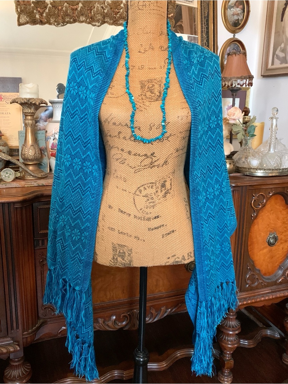 Vintage Turquoise Boho Hippie Gypsy Western Country Fringe Shawl Scarf